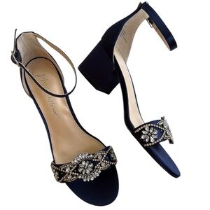 Like New Betsey Johnson Mel Jeweled Satin
Heeled Sandals Navy Size 7